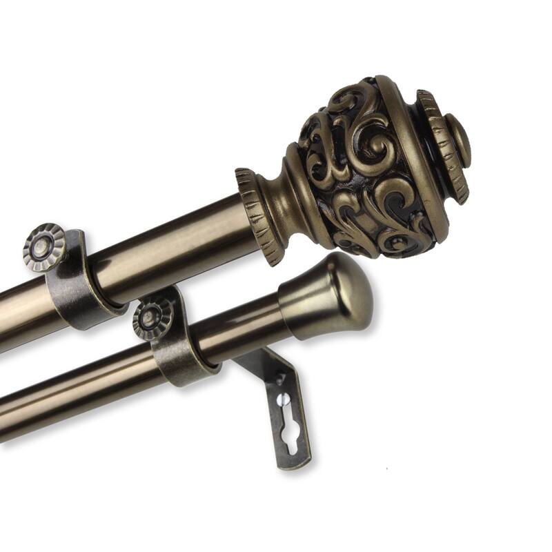 InStyleDesign Charlie Adjustable Double Curtain Rod 13/16 inch dia. - 28 to 48 inches - Antique Brass