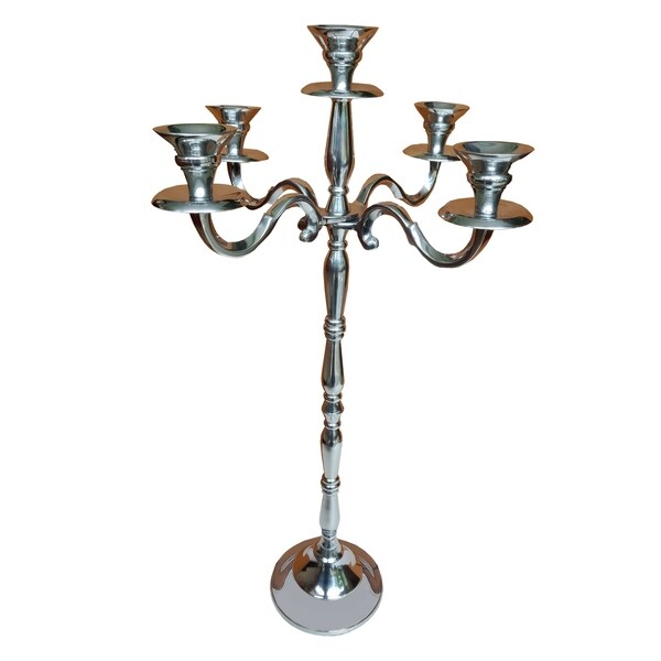 24 Inches Handmade 5 Arms Aluminum Candelabra with Pedestal Body, Polished Silver