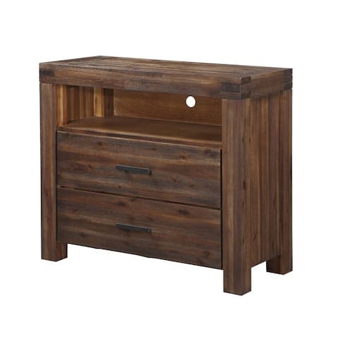 Wooden Media Chest with One Open Shelf and Two Drawers , Brick Brown