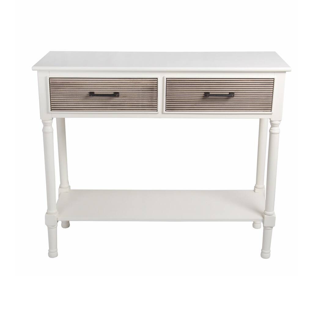 Wooden Console Table with 2 Drawers and Ribbed Design,White and Brown