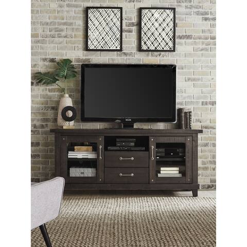 Wooden Media Console with Two Drawers and Two Glass Door Cabinets, Brown