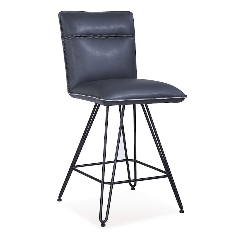 Metal Leather Upholstered Counter Height Stool with Hairpin Style Legs Set of 2, Blue and Black