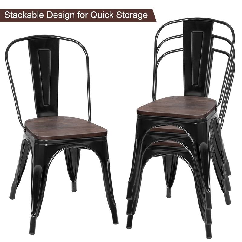 Set of 4 Stackable Bistro Cafe Dining Chair Metal Frame and Wood Seat - See Descriptions