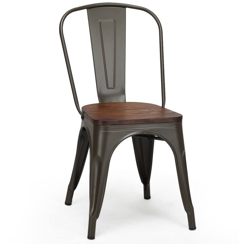 Set of 4 Stackable Bistro Cafe Dining Chair Metal Frame and Wood Seat - See Descriptions - Gun