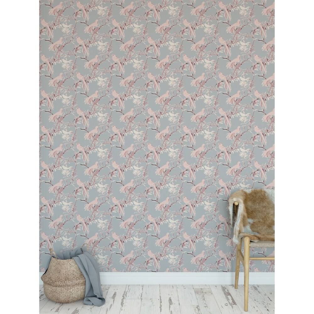 Kavka Designs JUNIPER BIRDS PINK AND GREY Peel and Stick Wallpaper By Hope Bainbridge (24 inch x 360 inch - Pink)