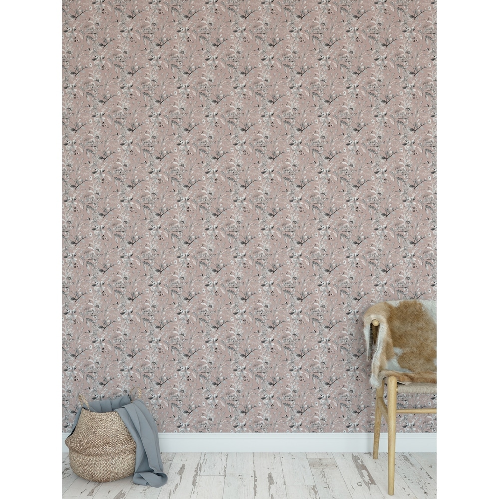 Kavka Designs SHANNA FLORAL PINK AND GREY Peel and Stick Wallpaper By Hope Bainbridge (24 inch x 48 inch - Pink)