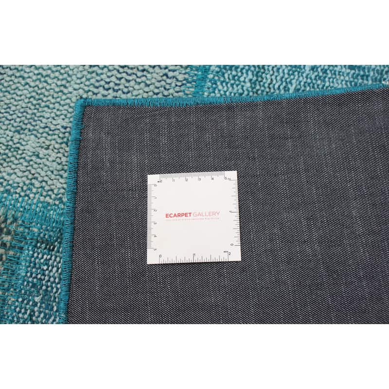 Hand-knotted Color Patchwork Turquoise Wool Rug - 6'11" x 9'9"