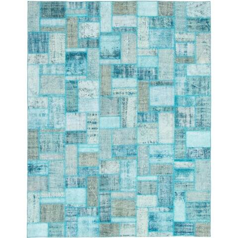 Hand-knotted Color Patchwork Turquoise Wool Rug - 6'11" x 9'9"