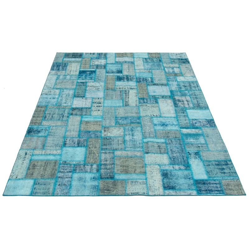 Hand-knotted Color Patchwork Turquoise Wool Rug - 6'11" x 9'9"