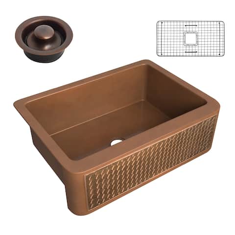 ANZZI Edessa Polished Antique Copper Farmhouse 30" Single Bowl Kitchen Sink with Weave Design Panel