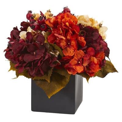 12" Autumn Hydrangea Berry Artificial Arrangement in Black Vase