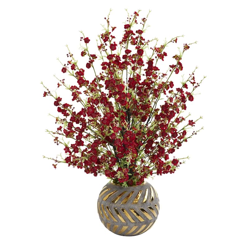 30" Cherry Blossom Artificial Arrangement in Stoneware Vase with Gold Trimming