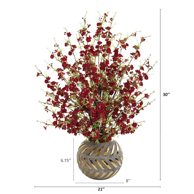 30" Cherry Blossom Artificial Arrangement in Stoneware Vase with Gold Trimming