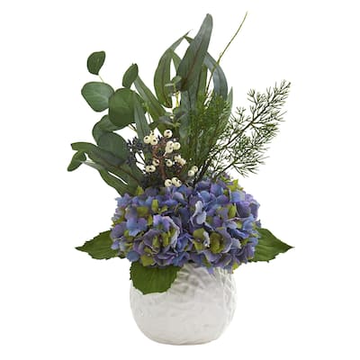 20" Hydrangea and Eucalyptus Artificial Arrangement in White Vase