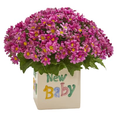 13" Daisy Artificial Arrangement in "New Baby" Vase