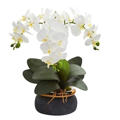 18" Phalaenopsis Orchid Artificial Arrangement in Black Vase with Bronze Rim