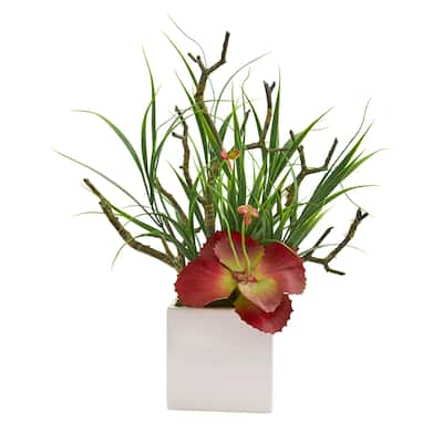 17" Succulent and Grass Artificial Plant in White Planter