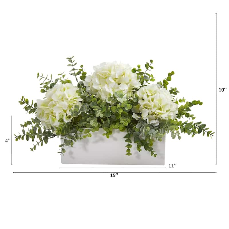15" Hydrangea and Eucalyptus Artificial Arrangement in White Vase