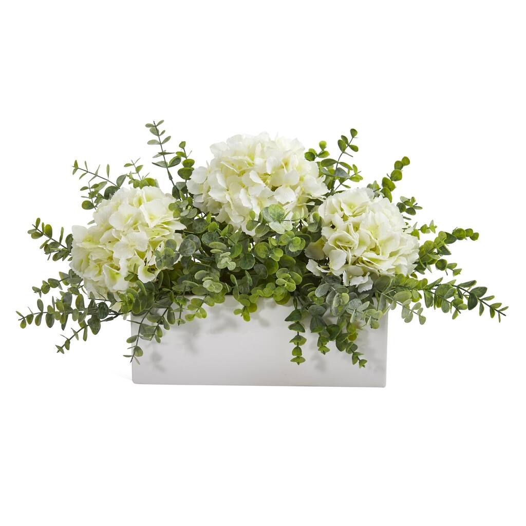 15" Hydrangea and Eucalyptus Artificial Arrangement in White Vase