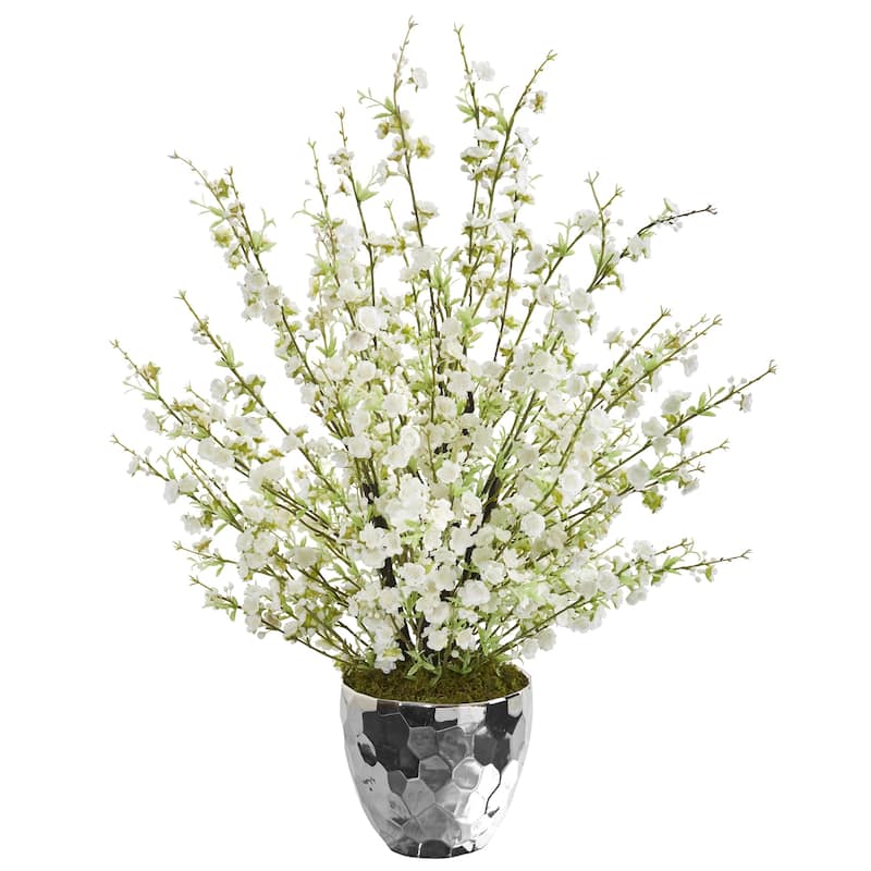 29" Cherry Blossom Artificial Arrangement in Silver Bowl