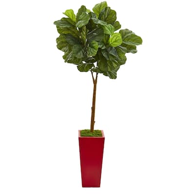 4' Fiddle Leaf Artificial Tree in Red Planter (Real Touch)