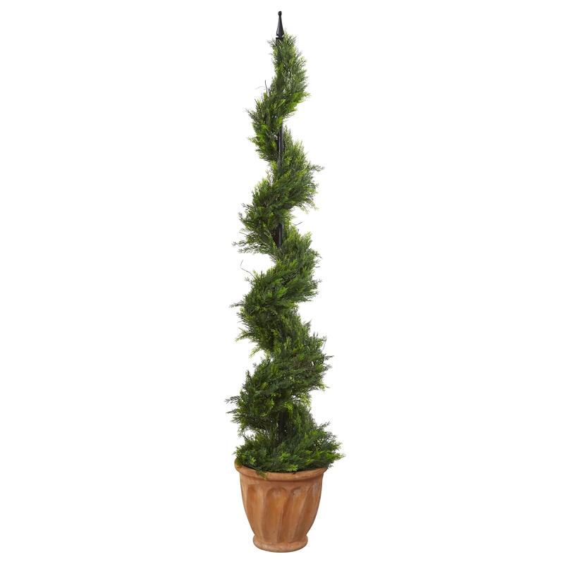 5' Cypress Artificial Spiral Topiary Tree in TerraCotta Planter Bed
