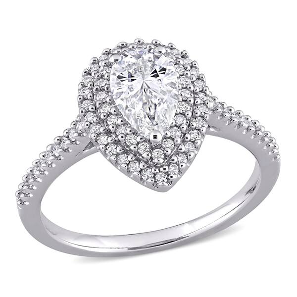 slide 1 of 6, Miadora 1ct DEW Pear-Cut Moissanite and 1/3ct TDW Diamond Double Halo Engagement Ring in 14k White Gold