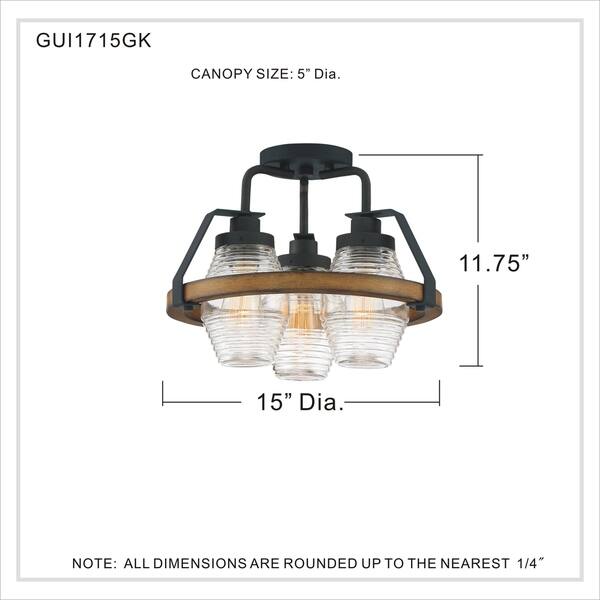 Quoizel Guilford Grey Ash and Clear Ribbed 3light Semiflush Mount