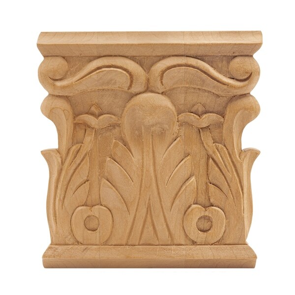 3-7/8 in. x 3-3/4 in. x 5/8 in. Unfinished Hand Carved Solid American Cherry Acanthus Wood Onlay Capital Wood Applique