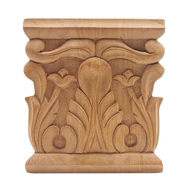 3-1/8 in. x 3 in. x 1/2 in. Unfinished Hand Carved North American Solid Cherry Acanthus Wood Onlay Capital Wood Applique