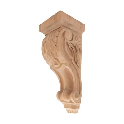 14-3/8 in. x 5-3/4 in. x 5-5/8 in. Unfinished Large Hand Carved North American Solid Alder Acanthus Leaf Wood Corbel