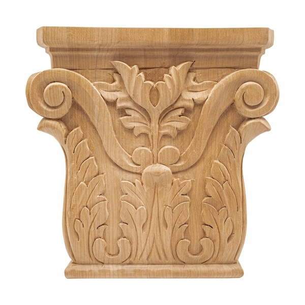 8-1/8 in. x 8-1/8 in. x 1-5/8 in. Unfinished Hand Carved North American Cherry Acanthus Wood Onlay Capital Wood Applique