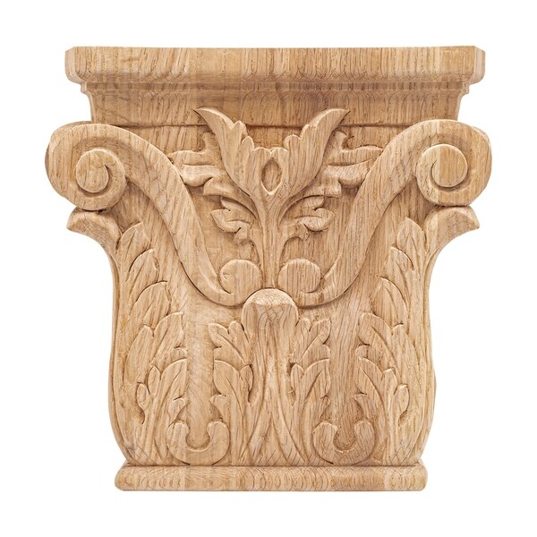 8-1/8 in. x 8-1/8 in. x 1-5/8 in. Unfinished Hand Carved American Red Oak Acanthus Wood Onlay Capital Wood Applique