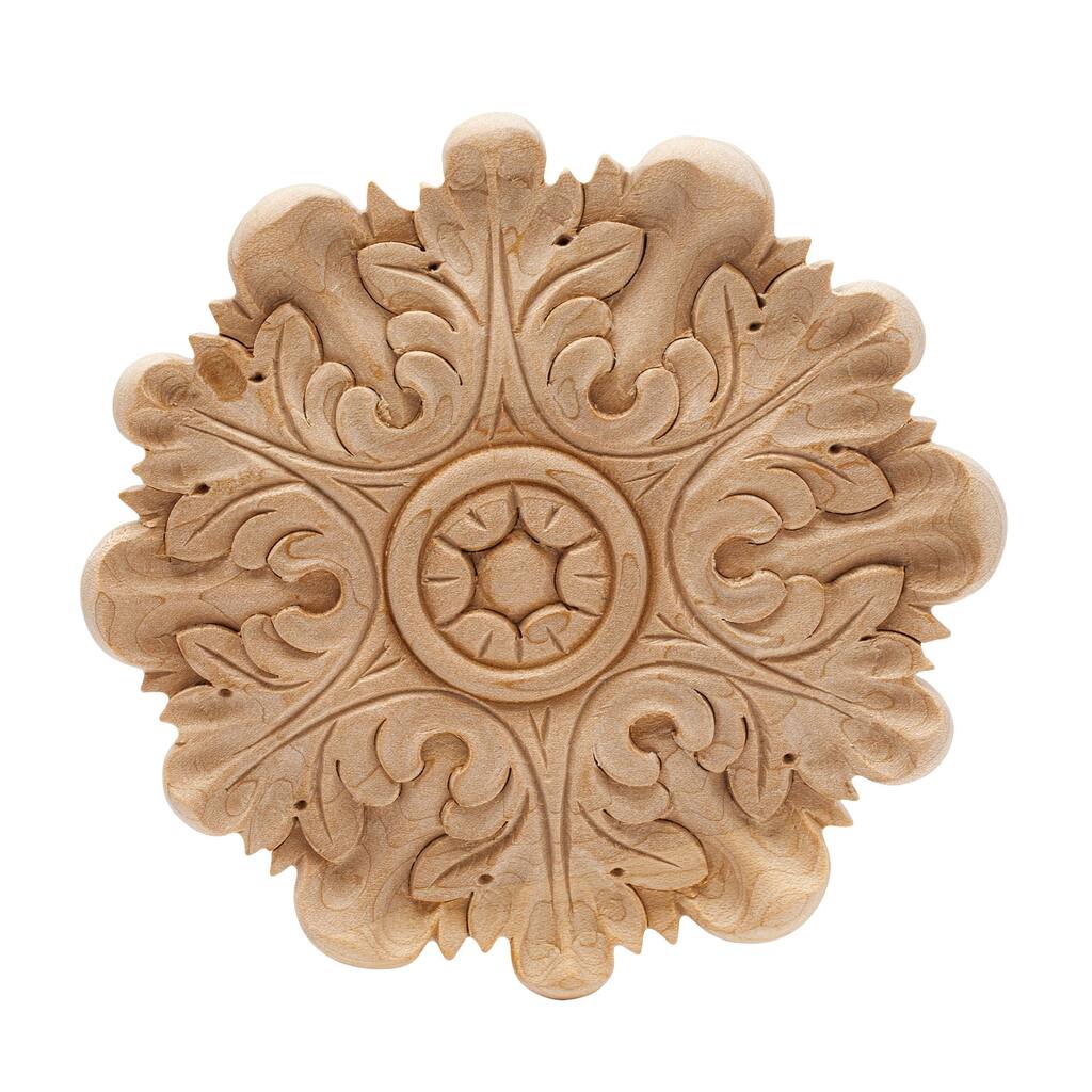 5 in. x 1/2 in. Unfinished Medium Hand Carved North American Solid Hard Maple Rosette Acanthus Wood Applique