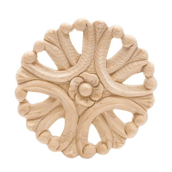 3-1/2 in. x 3/8 in. Unfinished Small Hand Carved North American Solid Hard Maple Decorative Rosette Applique-American Pro Decor