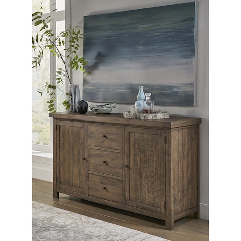 Wooden Sideboard with Three Drawers and Two Side Door Cabinets, Oak Brown
