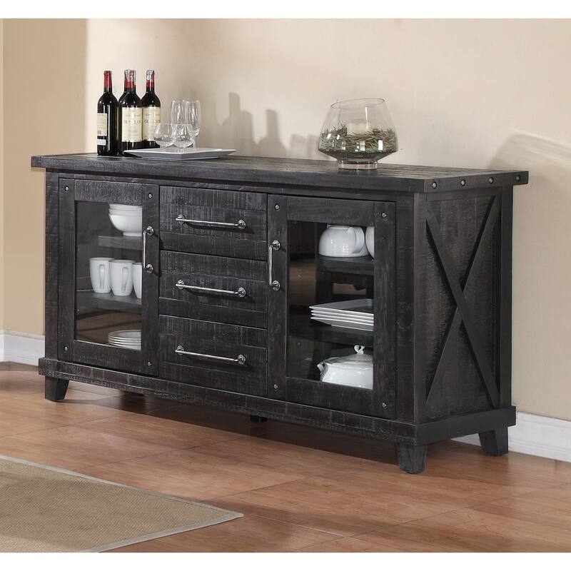 Multi Storage Wooden Sideboard with Two Glass Door Cabinets and Three Drawers, Brown