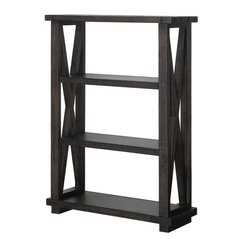 Three Tier Wooden Bookshelf with Exposed Bolts and Rustic Cross Bracing, Brown