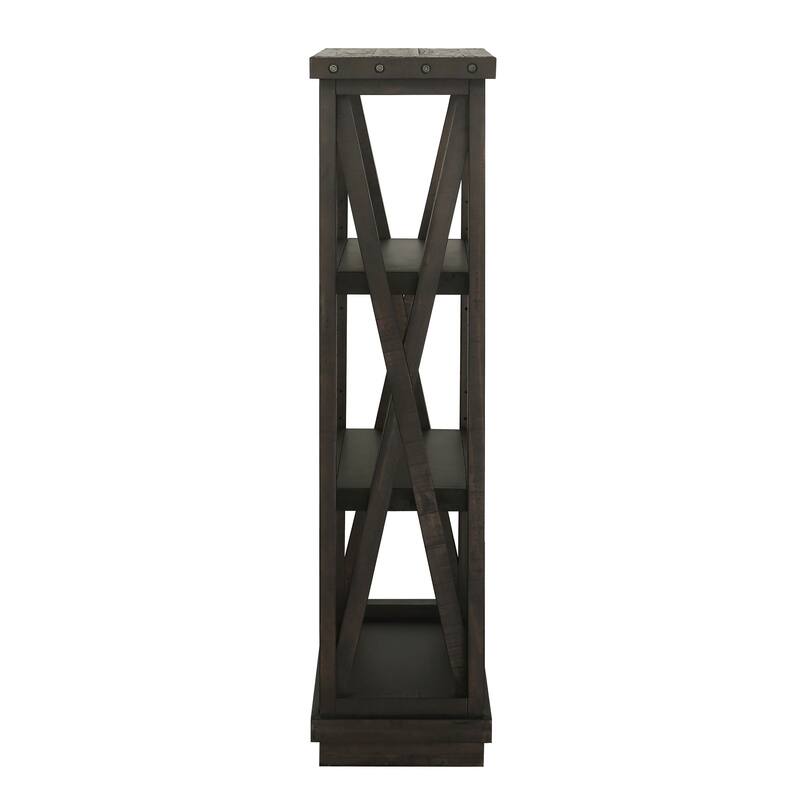 Three Tier Wooden Bookshelf with Exposed Bolts and Rustic Cross Bracing, Brown