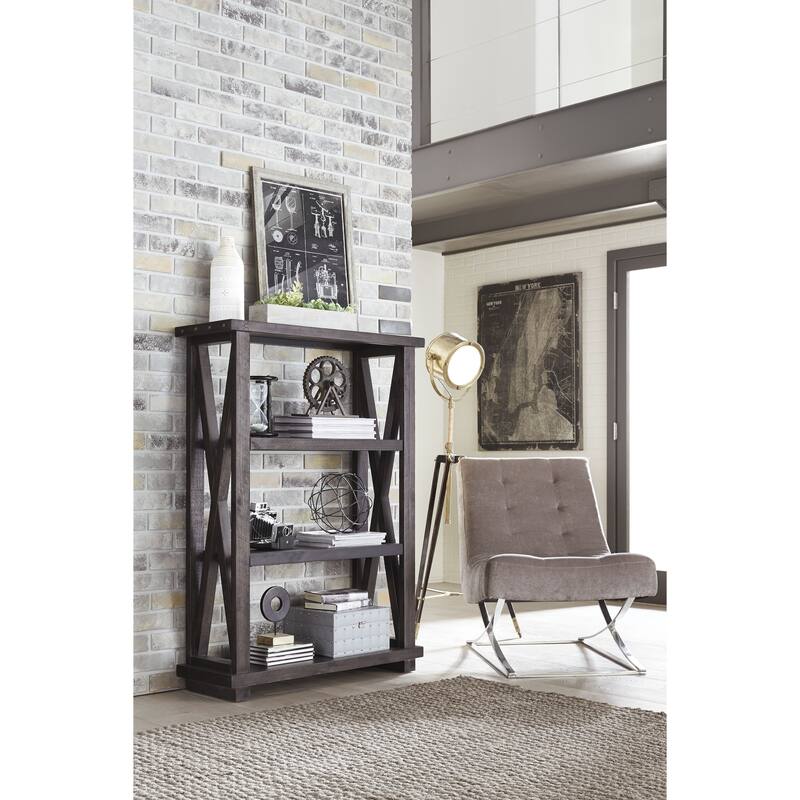 Three Tier Wooden Bookshelf with Exposed Bolts and Rustic Cross Bracing, Brown
