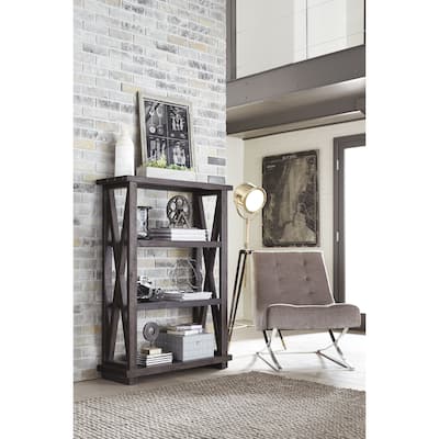 Three Tier Wooden Bookshelf with Exposed Bolts and Rustic Cross Bracing, Brown