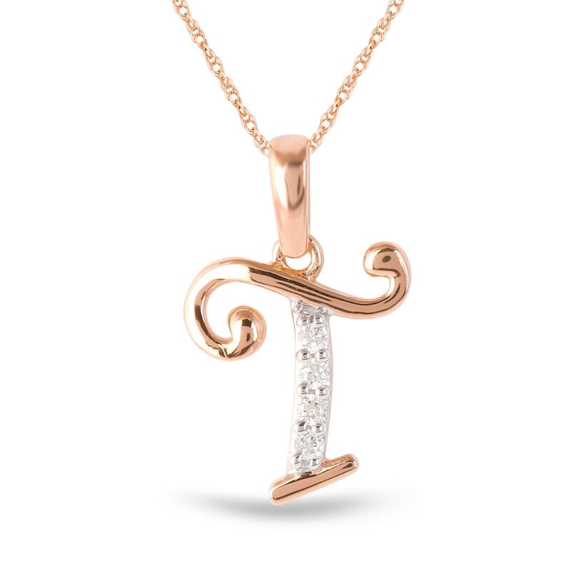 1/20ct TDW Diamond Alphabet Pendant Necklace in Silver with Gold Plating by De Couer - T - Rose