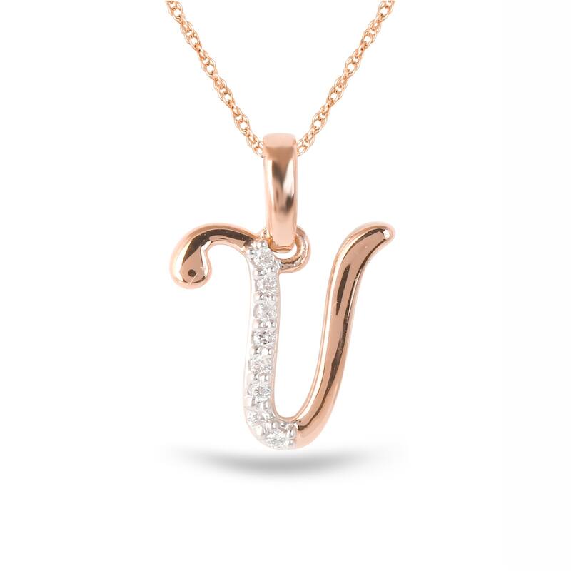 1/20ct TDW Diamond Alphabet Pendant Necklace in Silver with Gold Plating by De Couer - V - Rose