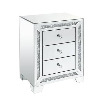 Wooden Night Table with Storage Space and Faux Diamonds Inlay, Silver
