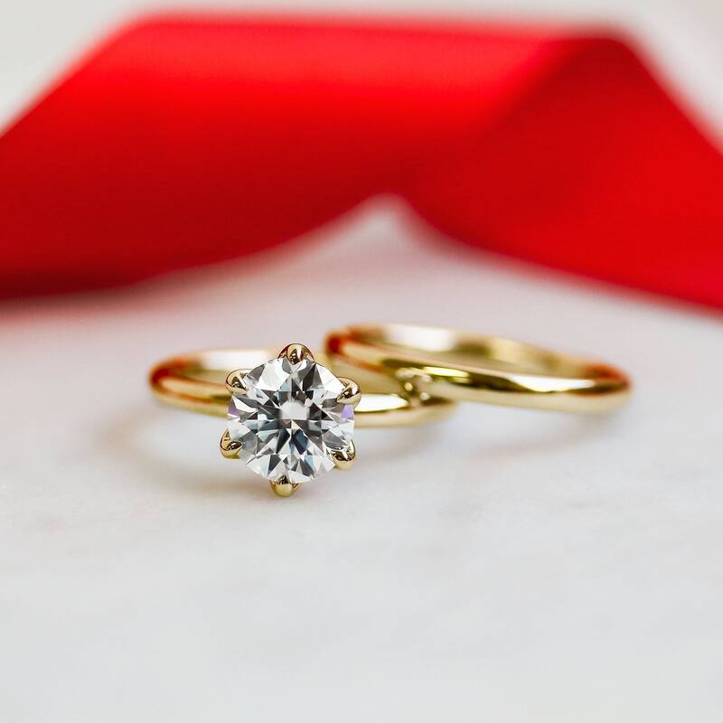 Kobelli 1.50 Carat Moissanite 14k Solid Gold Round Solitaire 6-Prong Tulip Comfort Fit Plain Bands Kyoto 2pc Bridal Set