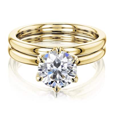 Kobelli 1.50 Carat Moissanite 14k Solid Gold Round Solitaire 6-Prong Tulip Comfort Fit Plain Bands Kyoto 2pc Bridal Set