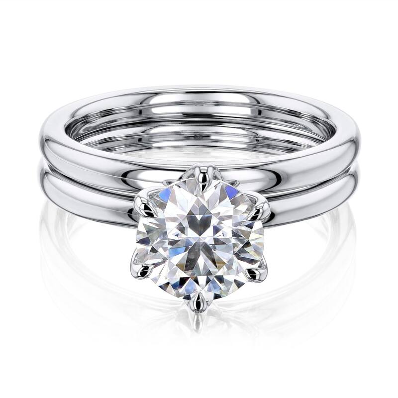 Kobelli 1.50 Carat Moissanite 14k Solid Gold Round Solitaire 6-Prong Tulip Comfort Fit Plain Bands Kyoto 2pc Bridal Set - 4.5 - White