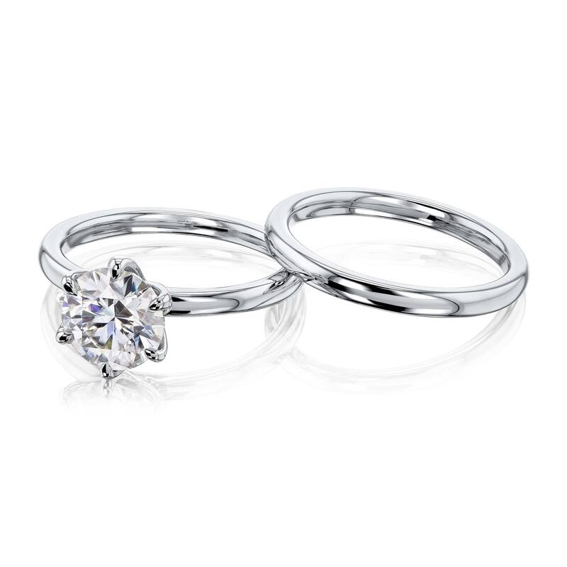 Kobelli 1.50 Carat Moissanite 14k Solid Gold Round Solitaire 6-Prong Tulip Comfort Fit Plain Bands Kyoto 2pc Bridal Set