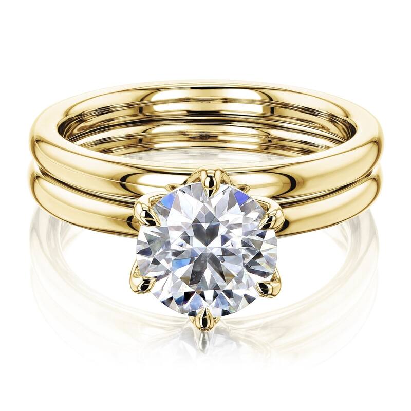 Annello by Kobelli 14k Gold 1.5 Carat Round Forever One Moissanite Solitaire 6-Prong Floating Comfort Fit Bridal Set (DEF/VS) - 9 - Yellow