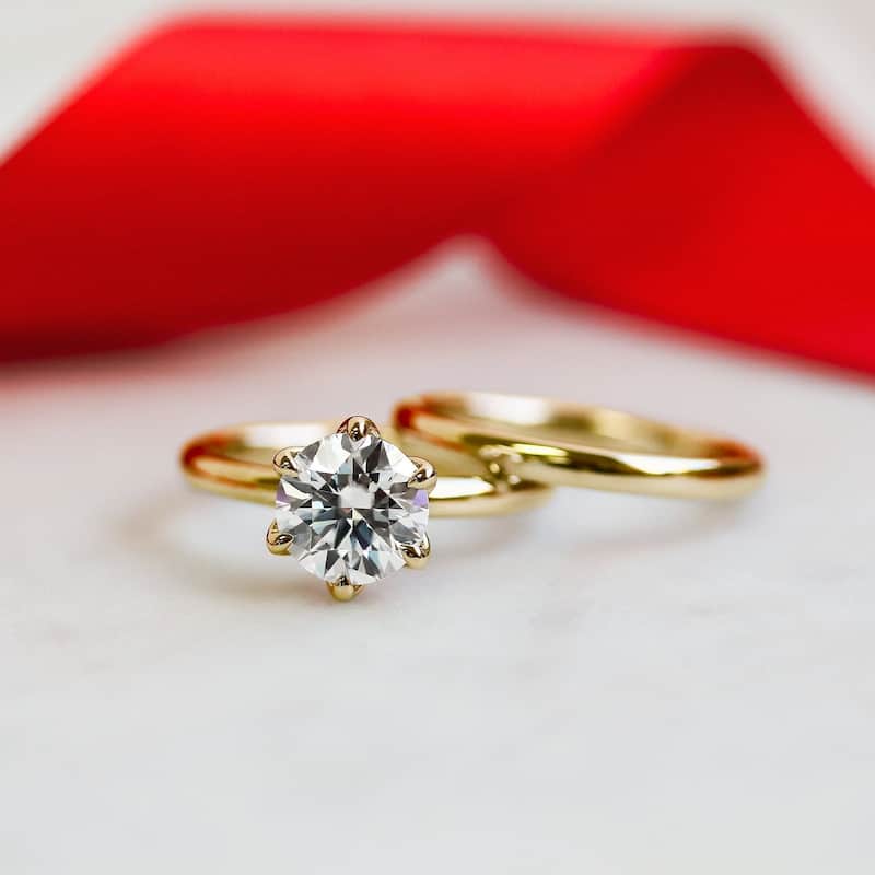 Annello by Kobelli 14k Gold 1.5 Carat Round Forever One Moissanite Solitaire 6-Prong Floating Comfort Fit Bridal Set (DEF/VS)